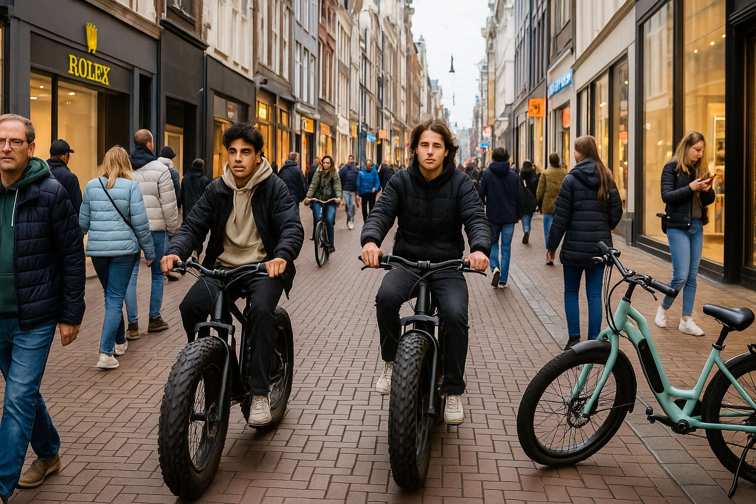 Fatbikes rijden door een drukke winkelstraat in Nederlandse stad