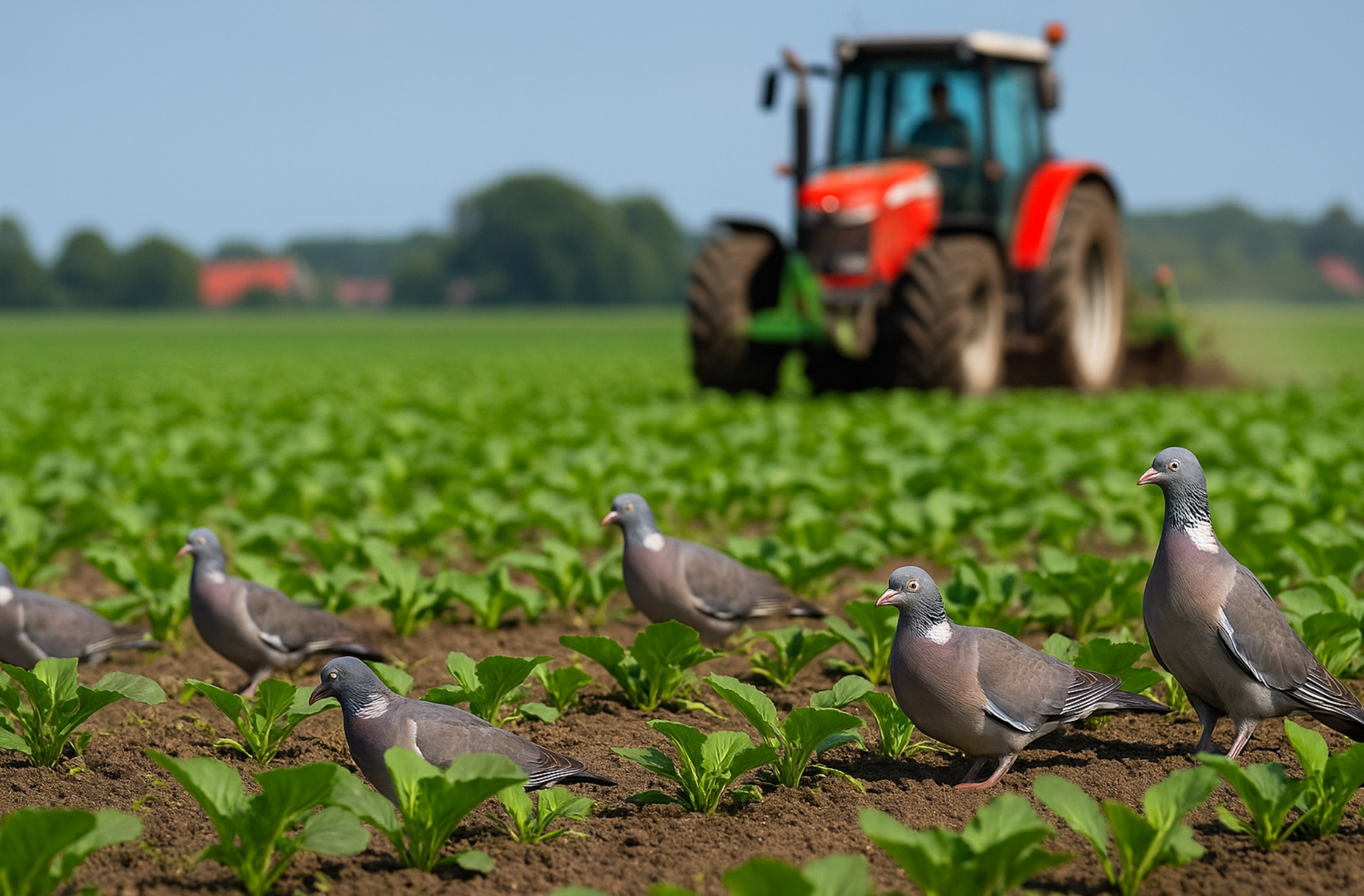 Houtduiven op een groene akker in Noord-Holland terwijl een boer het land bewerkt.