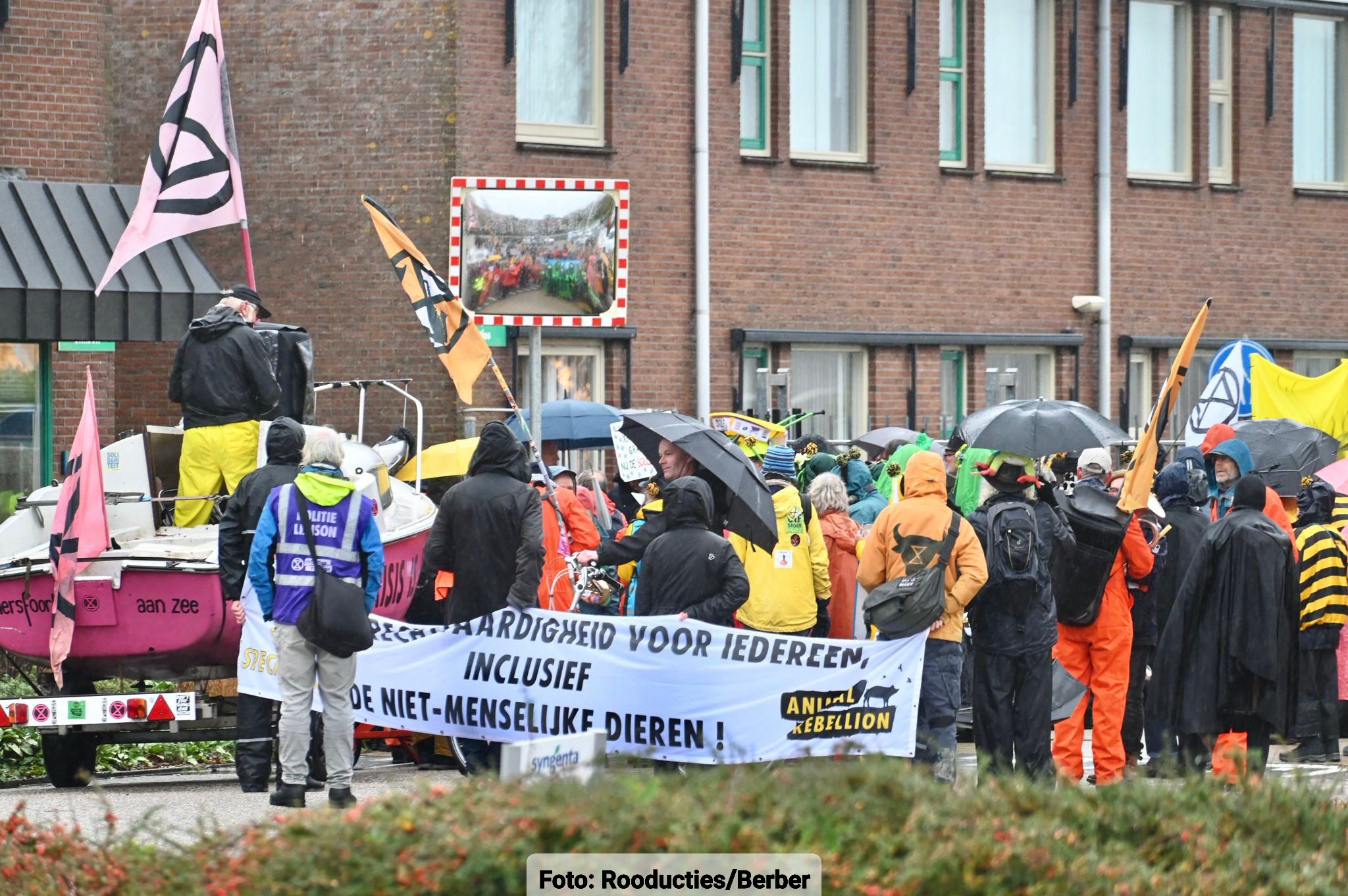 Protestmars van Extinction Rebellion met roze bootje tegen landbouwgif in Enkhuizen.