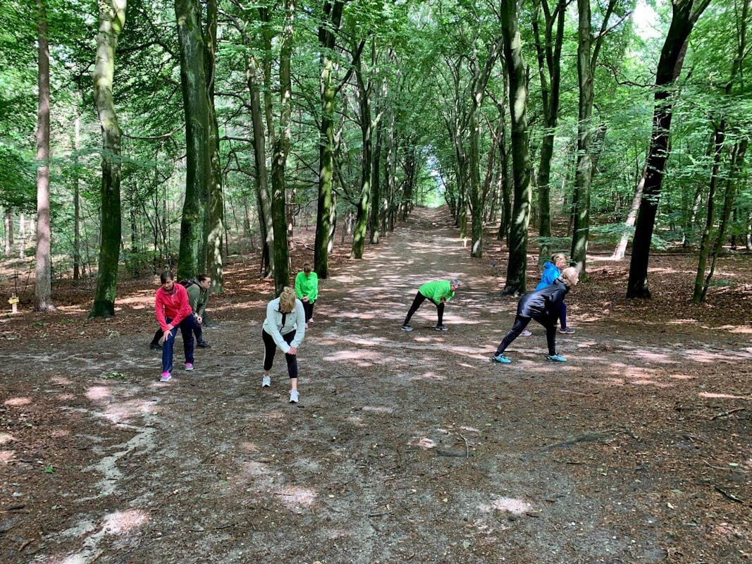 Volwassenen en senioren doen rustige oefeningen en wandelen in het Streekbos in Bovenkarspel tijdens Slow Sports met Jolanda.