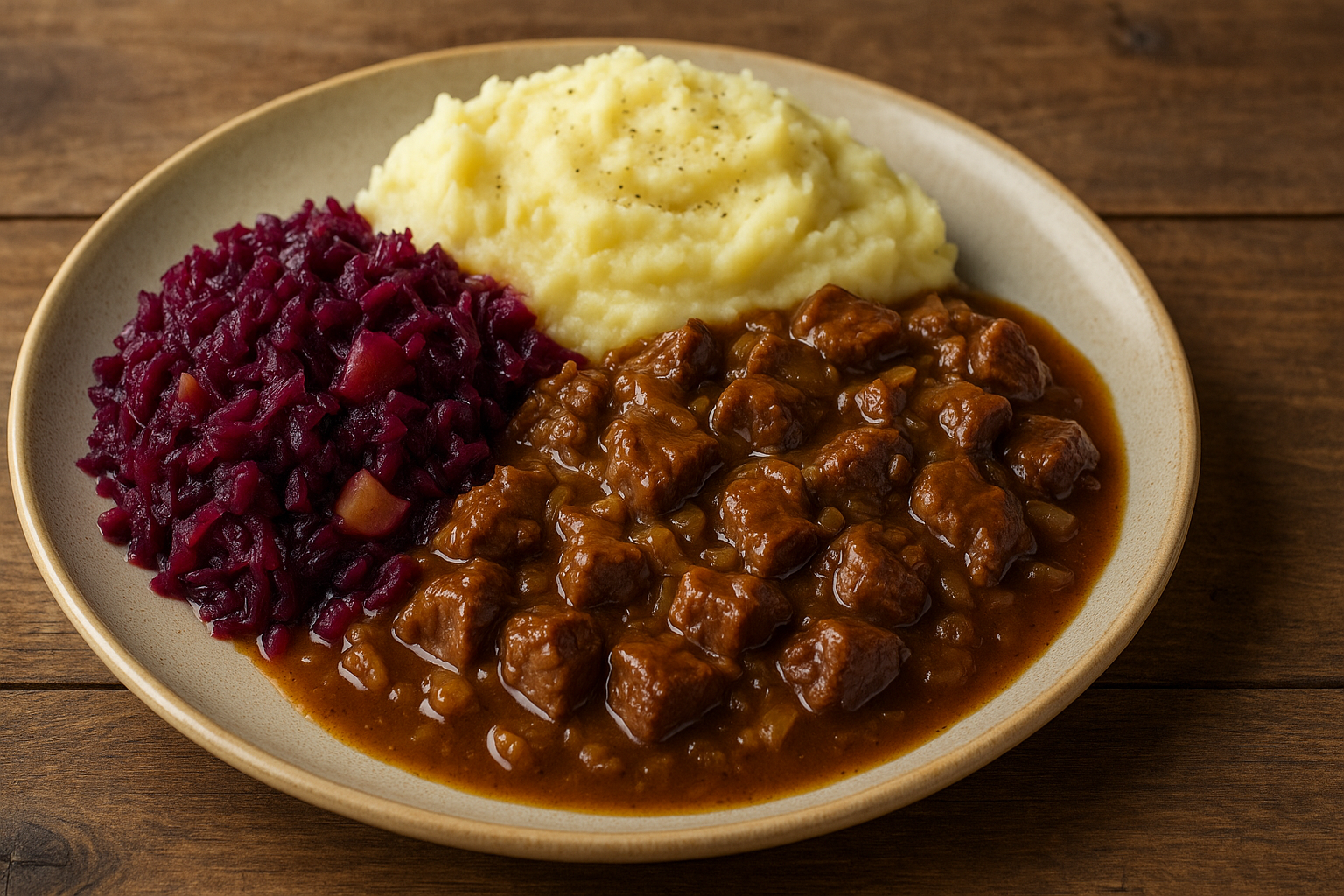 Bord met Hollandse hachee, aardappelpuree en rode kool, geserveerd als winters gerecht.