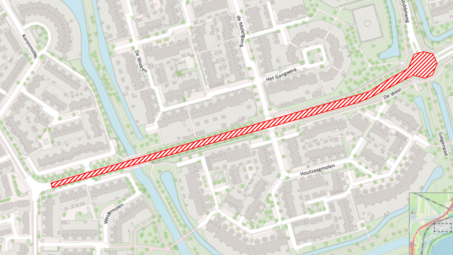 Kaart met locatie van de werkzaamheden aan De Weel in Hoorn