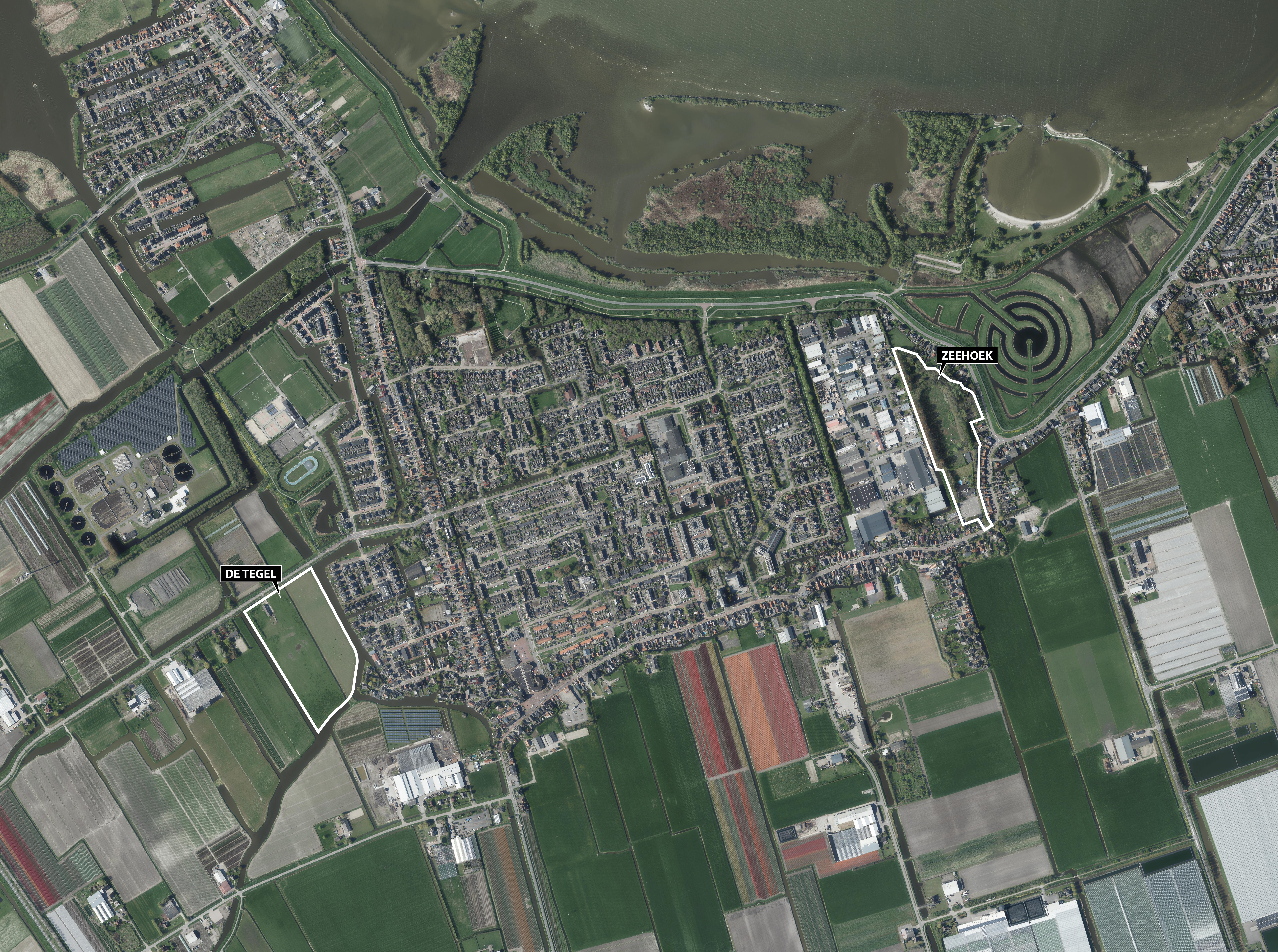 Kaart van Wervershoof met locaties van woningbouwprojecten De Tegel en De Zeehoek.