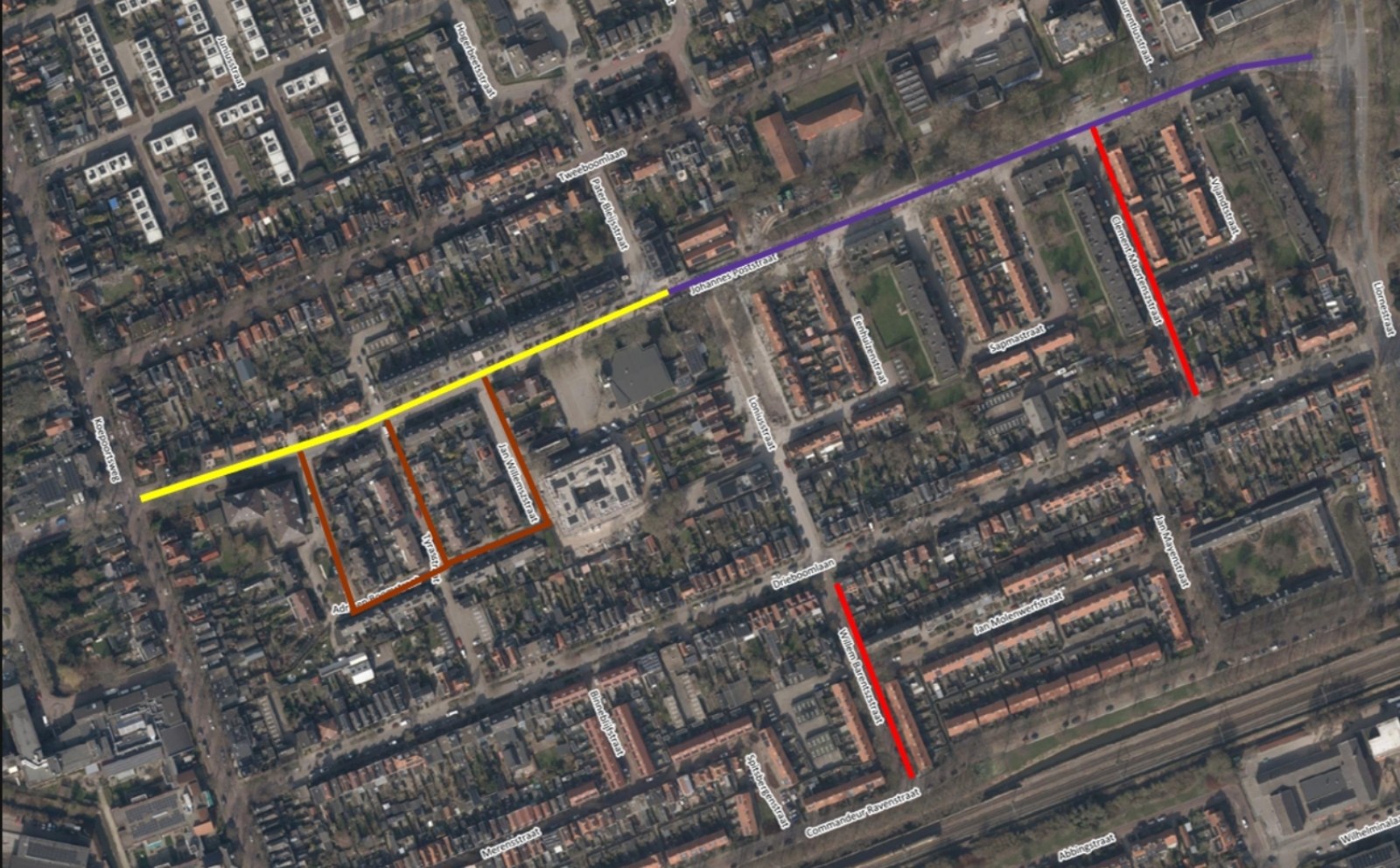 Kaart met werkgebieden van de rioolvernieuwing in de Johannes Poststraat in Hoorn.