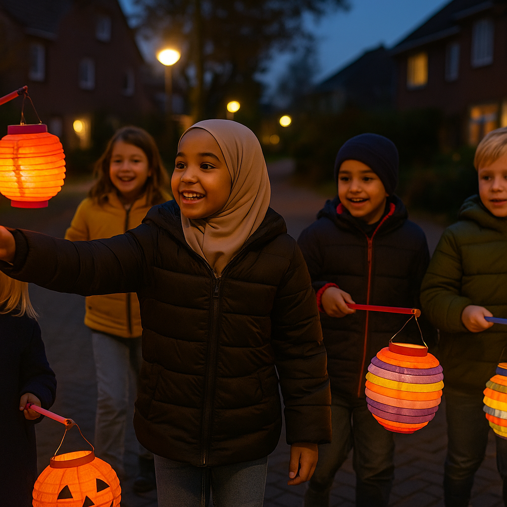 Kinderen met lampionnen tijdens Sint-Maarten, waaronder moslimkinderen die vrolijk snoep ophalen in een Nederlandse straat.