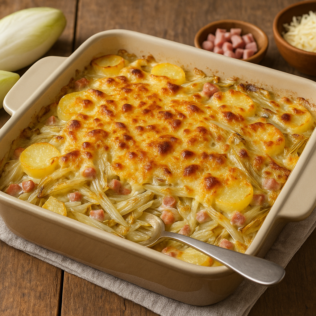 Witlof ovenschotel met aardappel, ham en gesmolten kaas