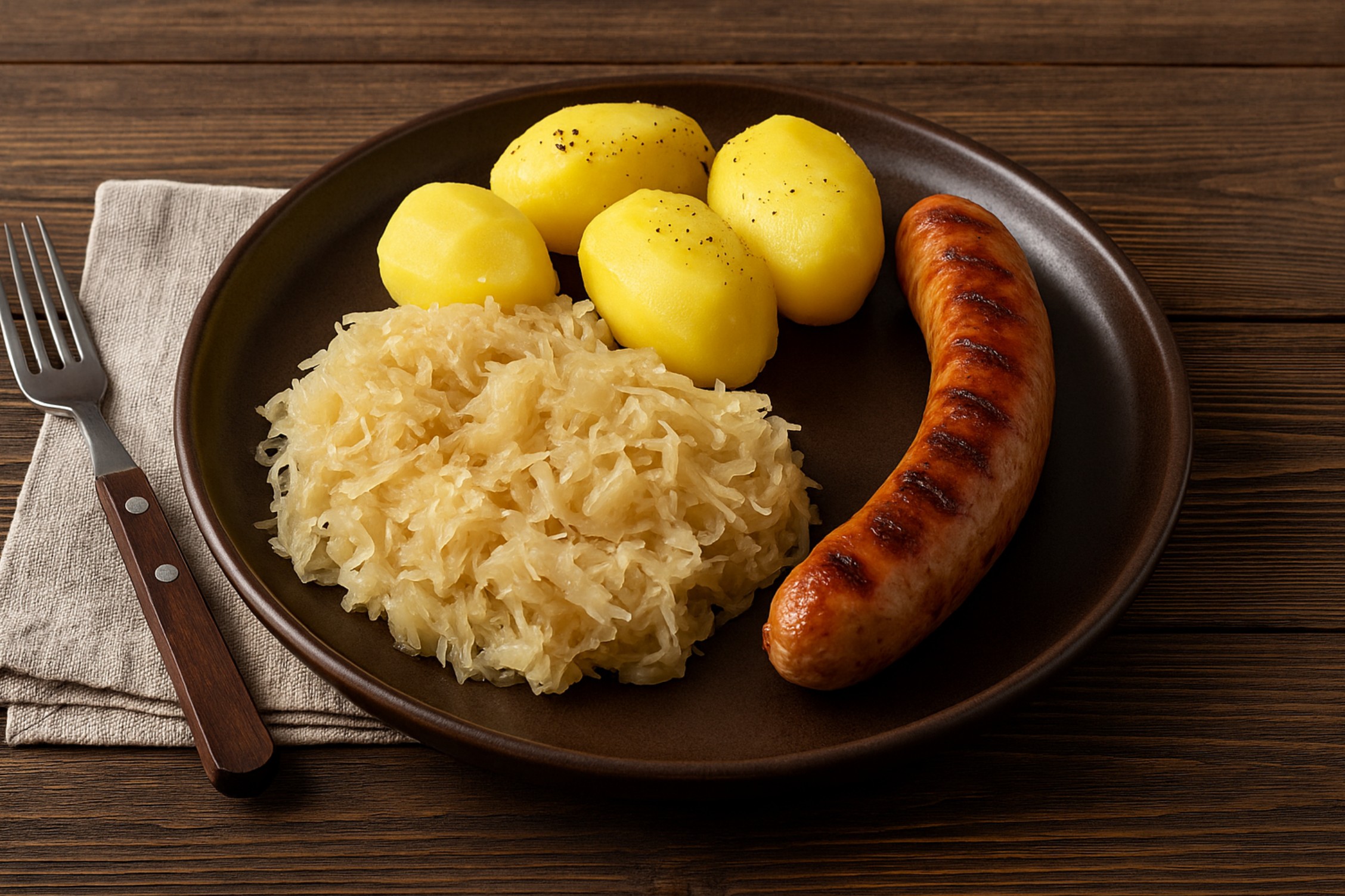 Traditionele Duitse maaltijd met zuurkool, aardappelen en braadworst op een bord.