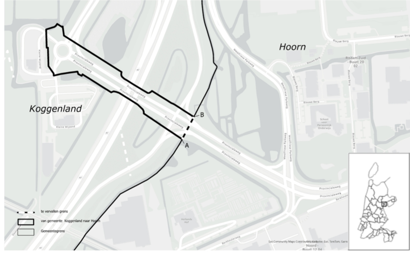Kaart met nieuwe grenscorrectie tussen Hoorn en Koggenland