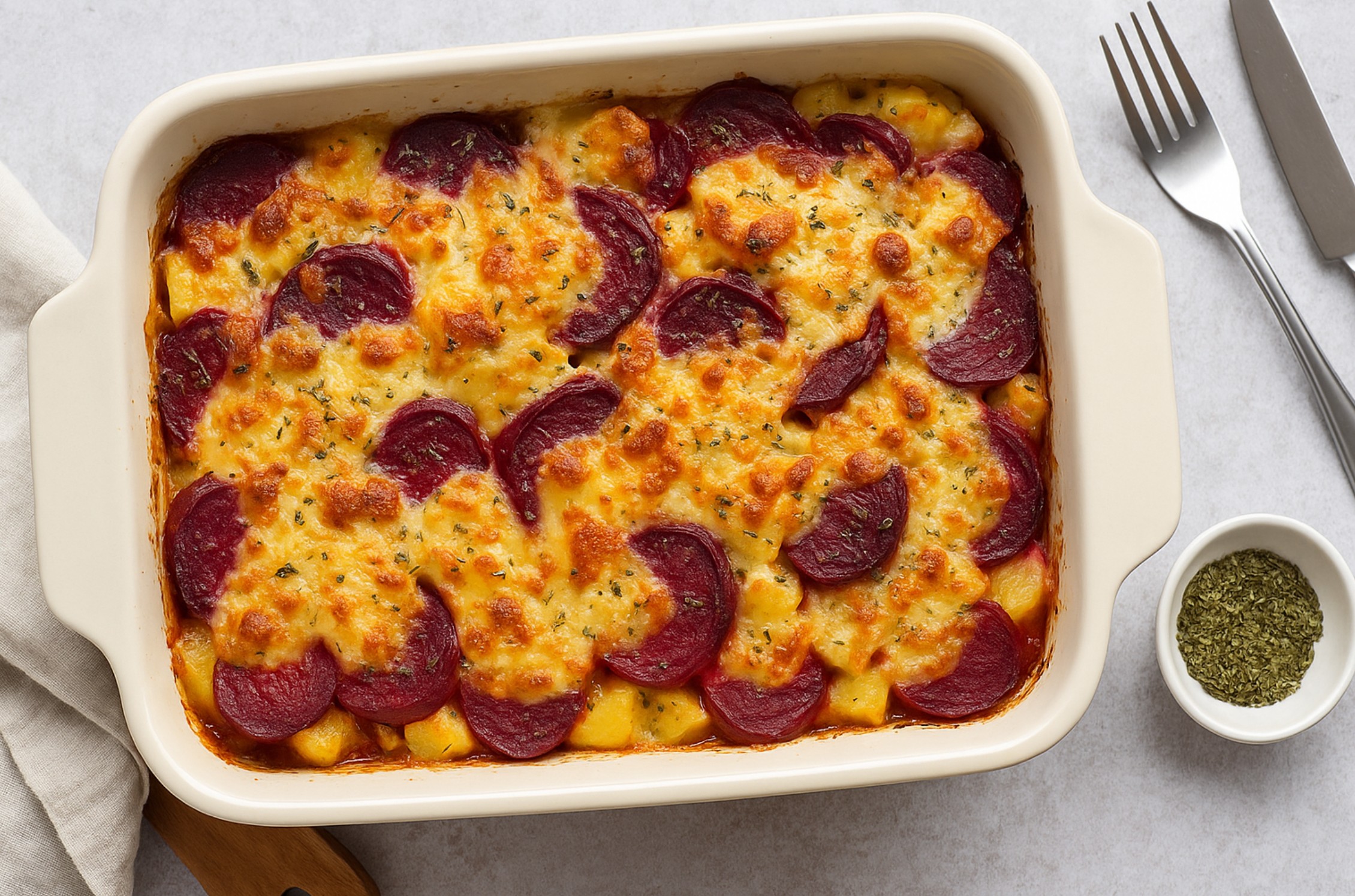 Ovenschotel met rode bietjes, aardappel en kaas uit de oven