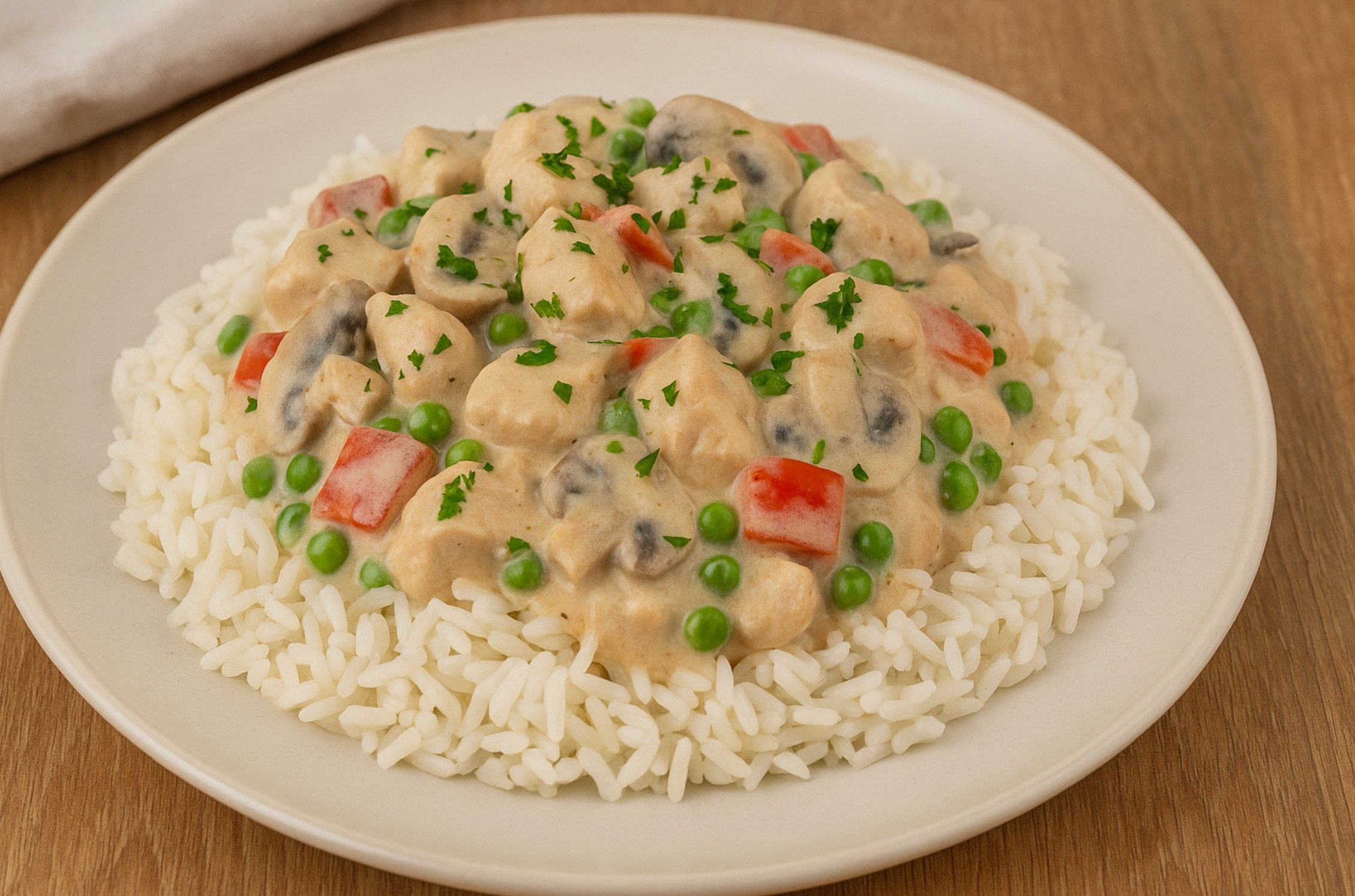 Romige kippenragout met groenten en rijst