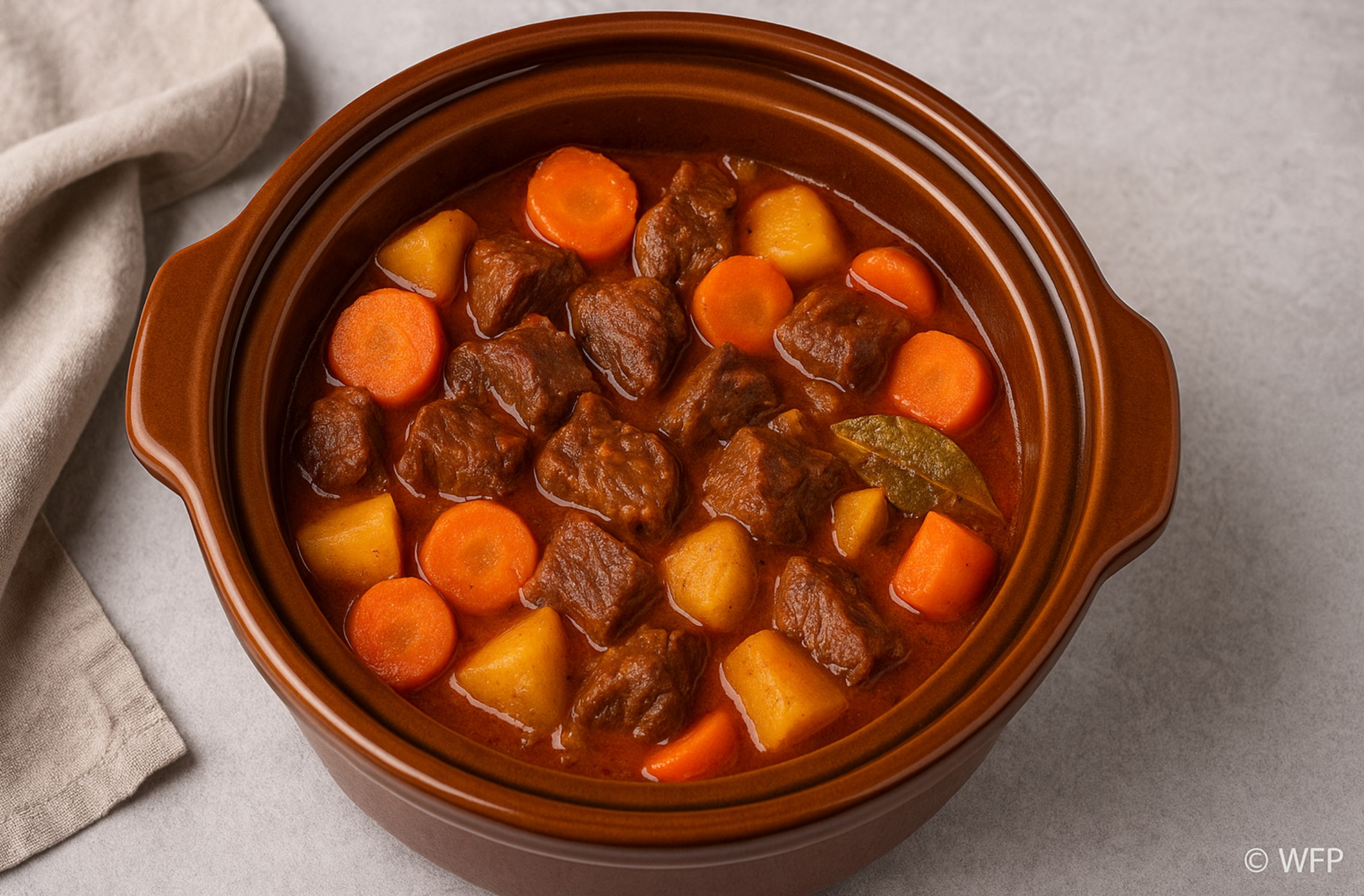 Slowcooker runderstoof met wintergroenten en aardappelen in een aardewerken schaal