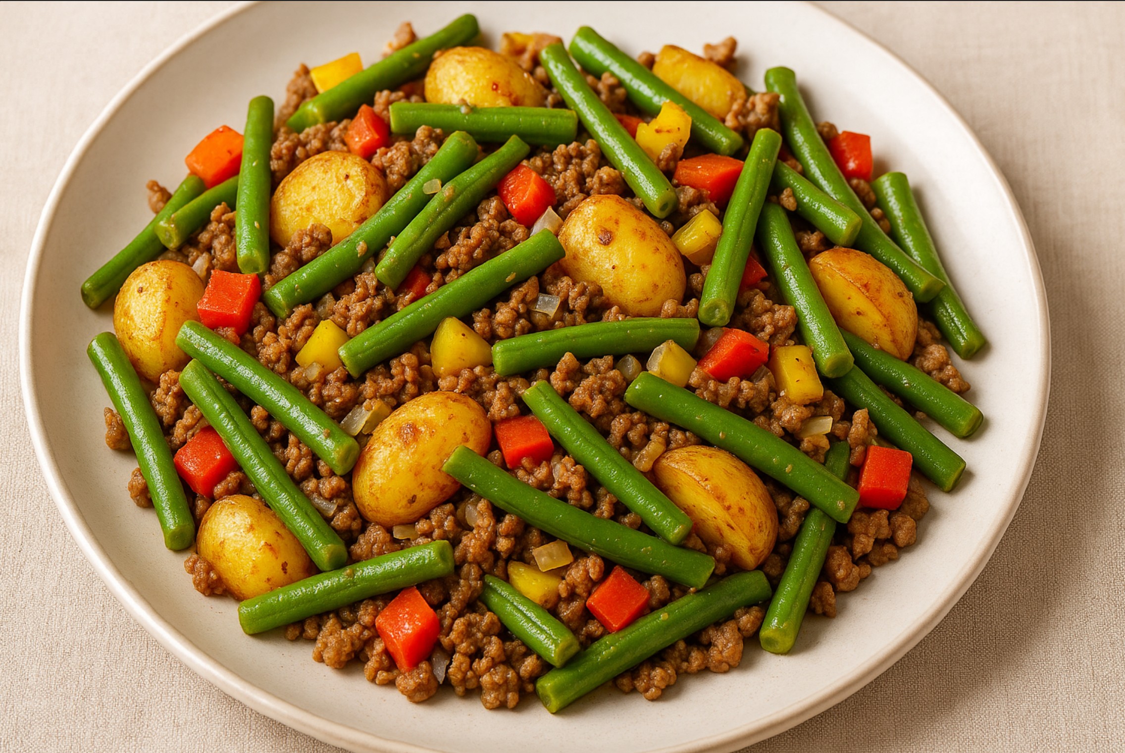 Sperziebonenschotel met gehakt, paprika en aardappeltjes
