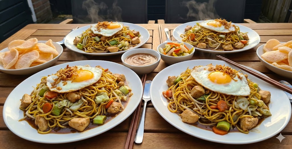 Een dampend bord bami goreng met gebakken ei, satésaus en kroepoek.