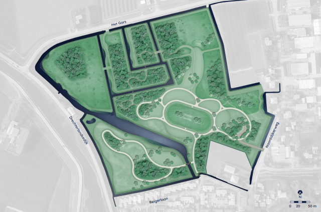 Ontwerptekening van het nieuwe recreatiepark in Ursem met waterpartijen en wandelpaden.