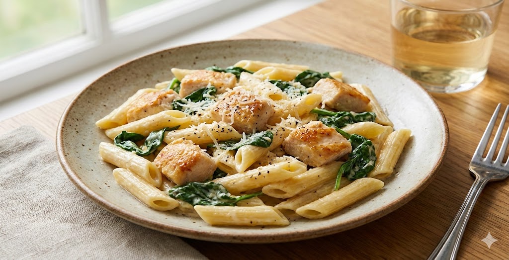 Bord met romige pasta, malse stukjes kip en verse groene spinazie.