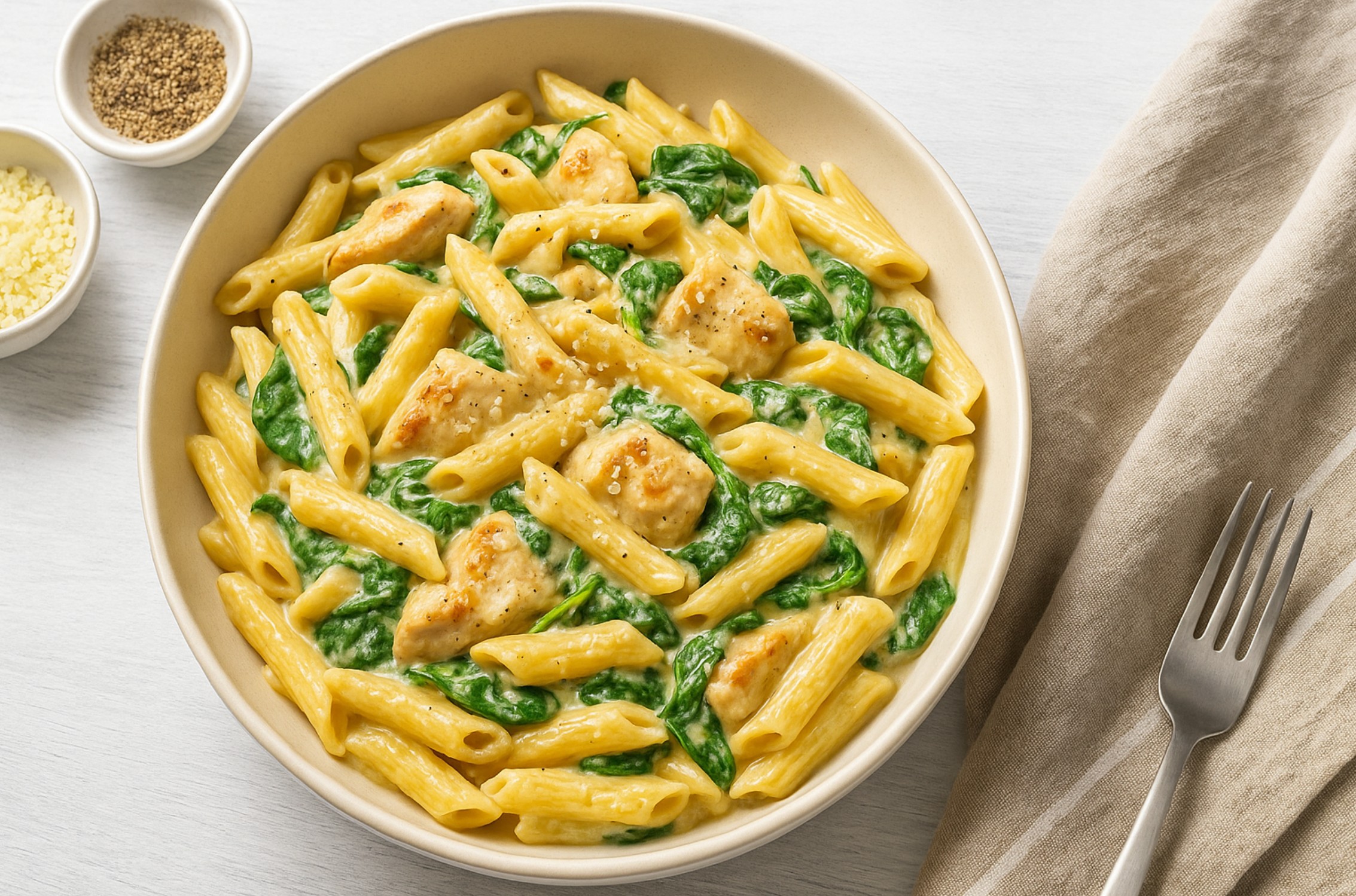 Romige Italiaanse pasta met kip, spinazie en Parmezaanse kaas
