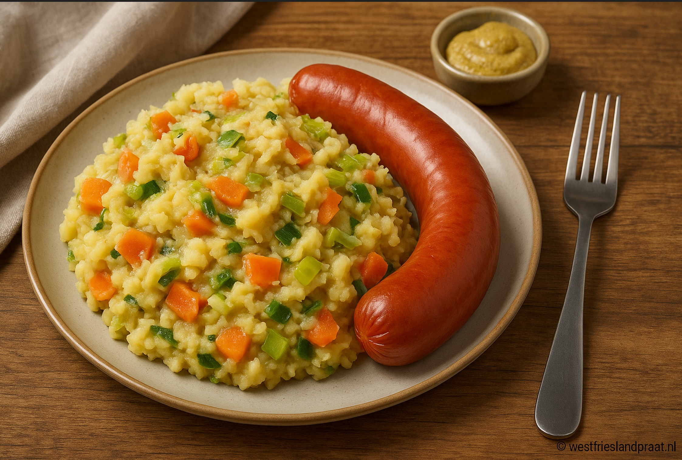 Winters gerecht van Hollandse stamppot met rookworst en wintergroenten