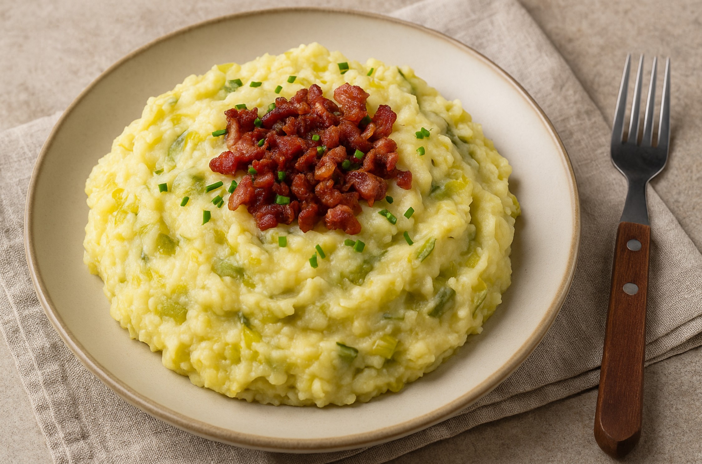 Romige winterstamppot met prei en spekjes op een bord