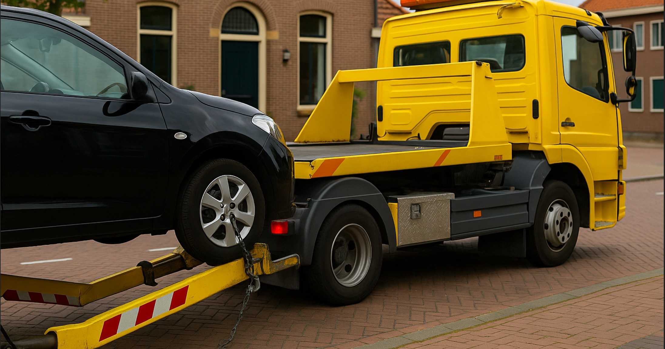 Wegsleepwagen sleept auto weg op straat in Medemblik.