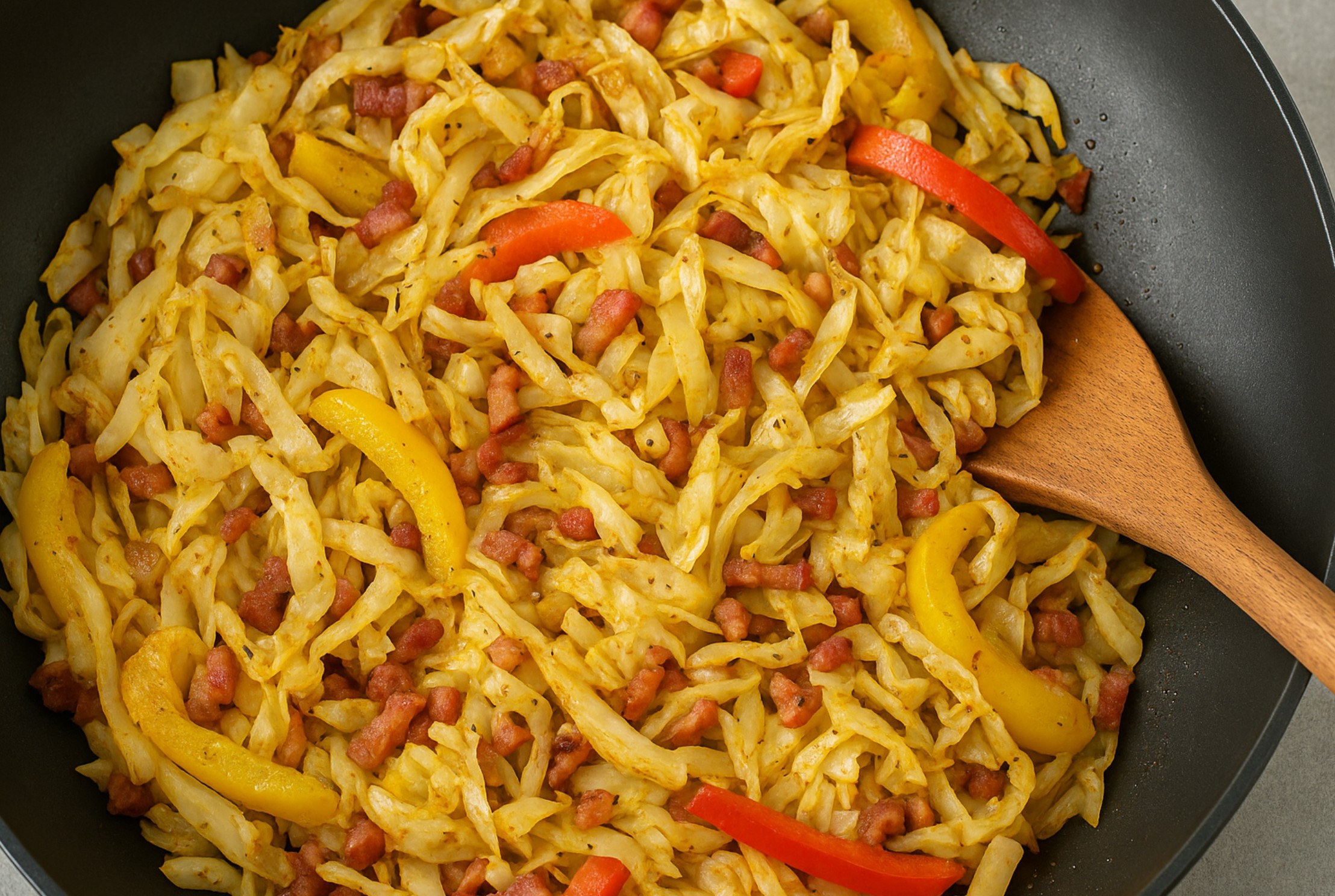 Witte kool roerbak met spekjes en paprika