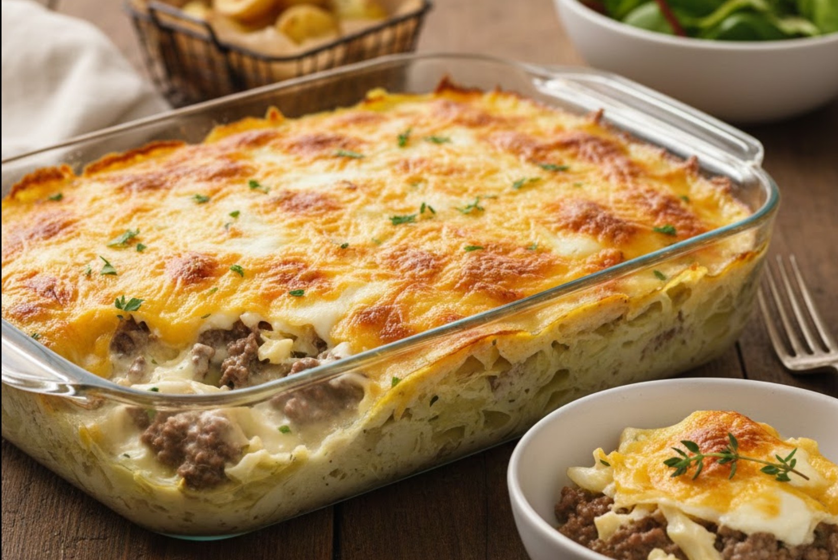 Schaal met goudbruine witte kool ovenschotel en gesmolten kaas.