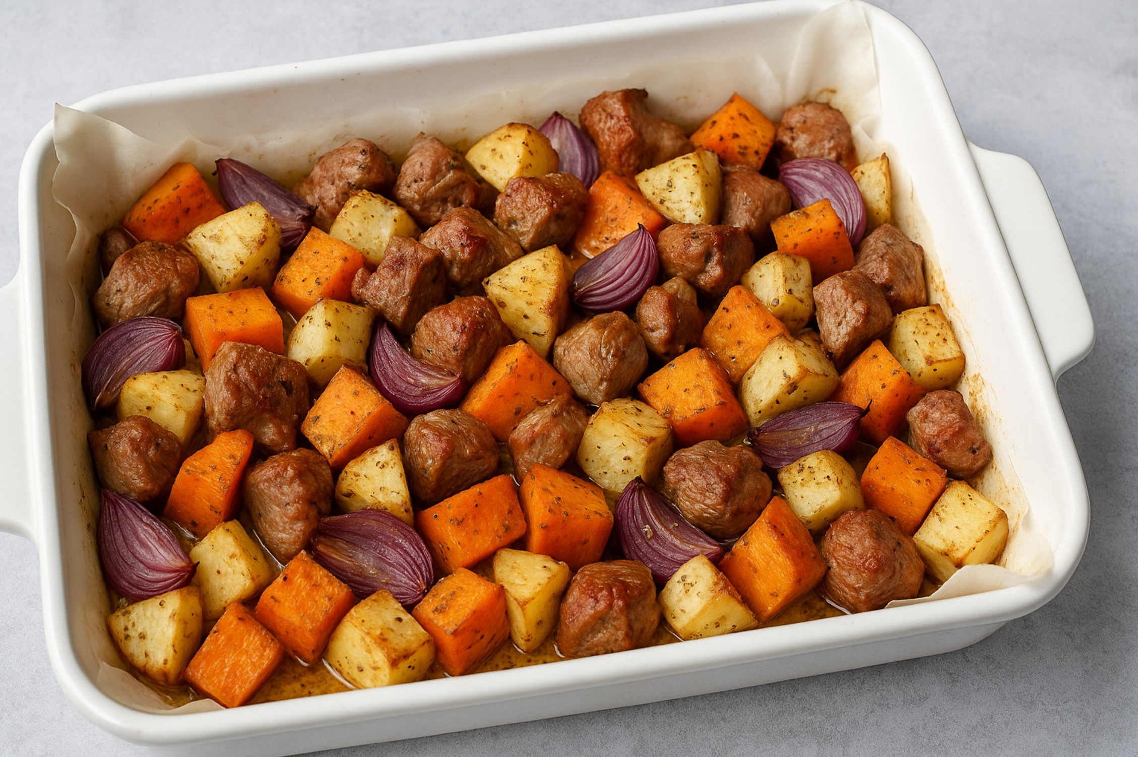 Geroosterde knolselderij met vlees en zoete aardappel uit de oven