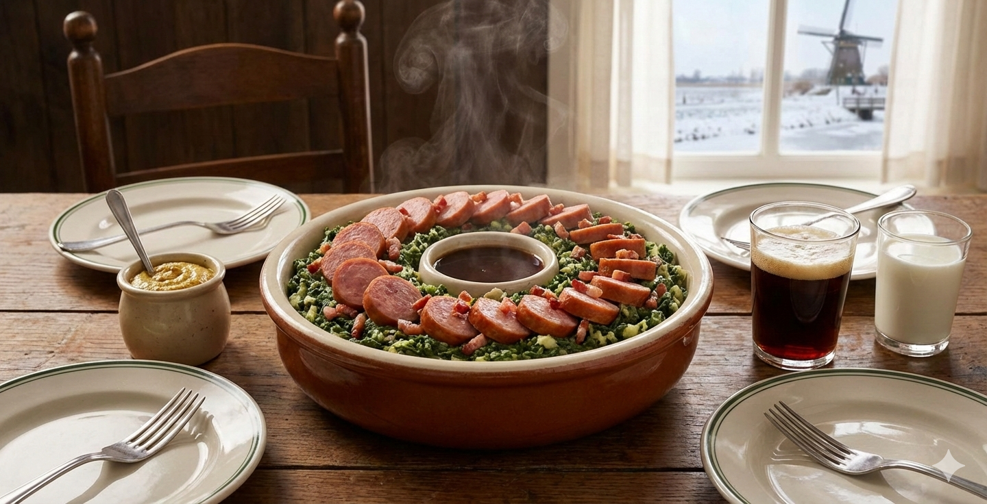 Een bord Hollandse boerenkoolstamppot met een stuk rookworst en een kuiltje jus.