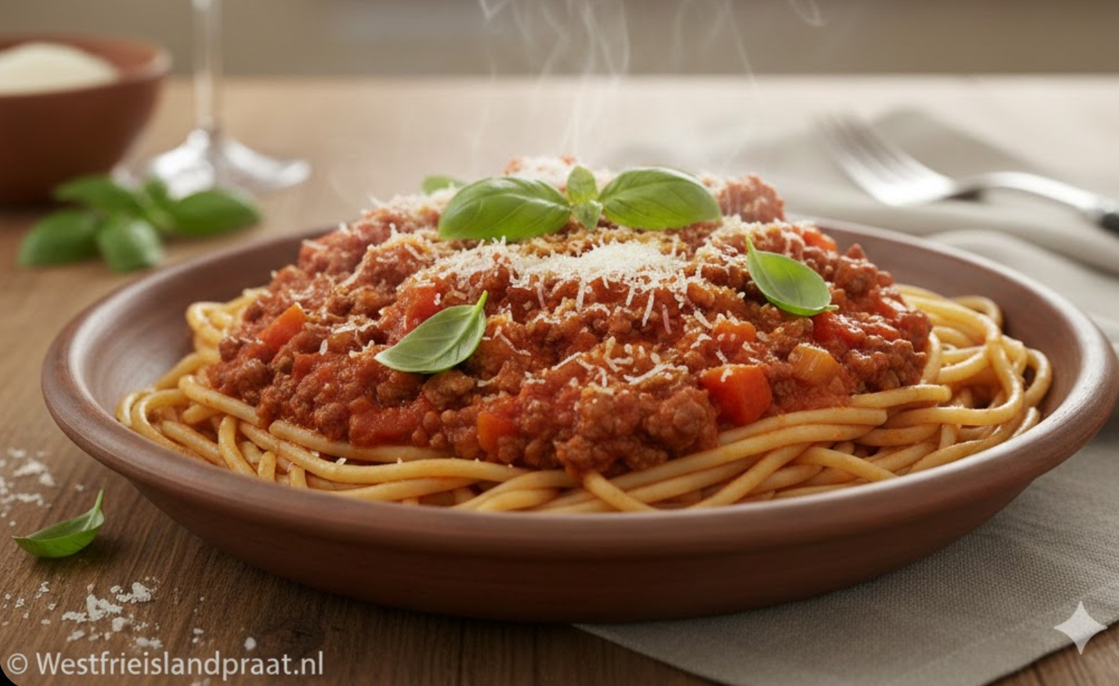 Bord met dampende pasta bolognese en verse basilicum