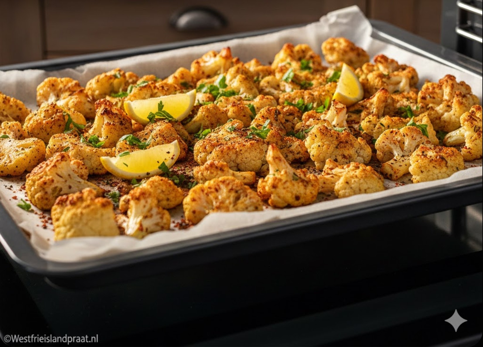 Gouden geroosterde bloemkoolroosjes met kruiden op een bakplaat.