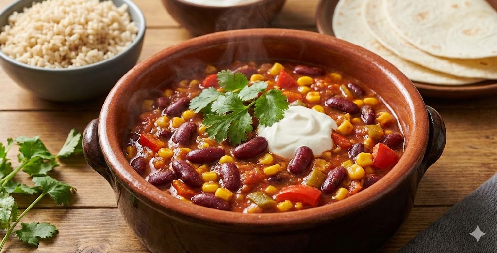 Een pan dampende vegetarische chili met kidneybonen, maïs en verse koriander.