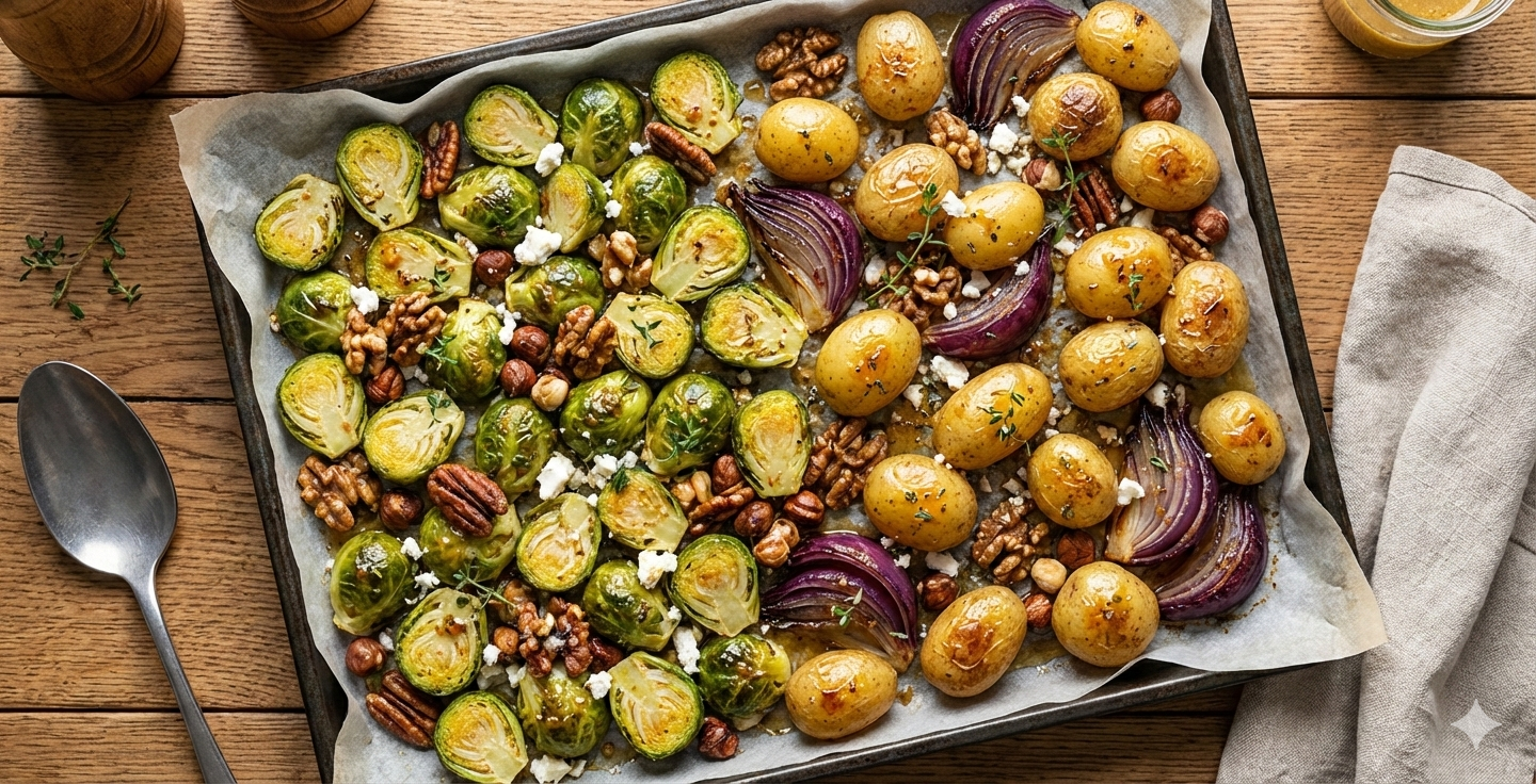 Kleurrijke traybake met spruitjes, gehalveerde krieltjes en geroosterde noten op een bakplaat.