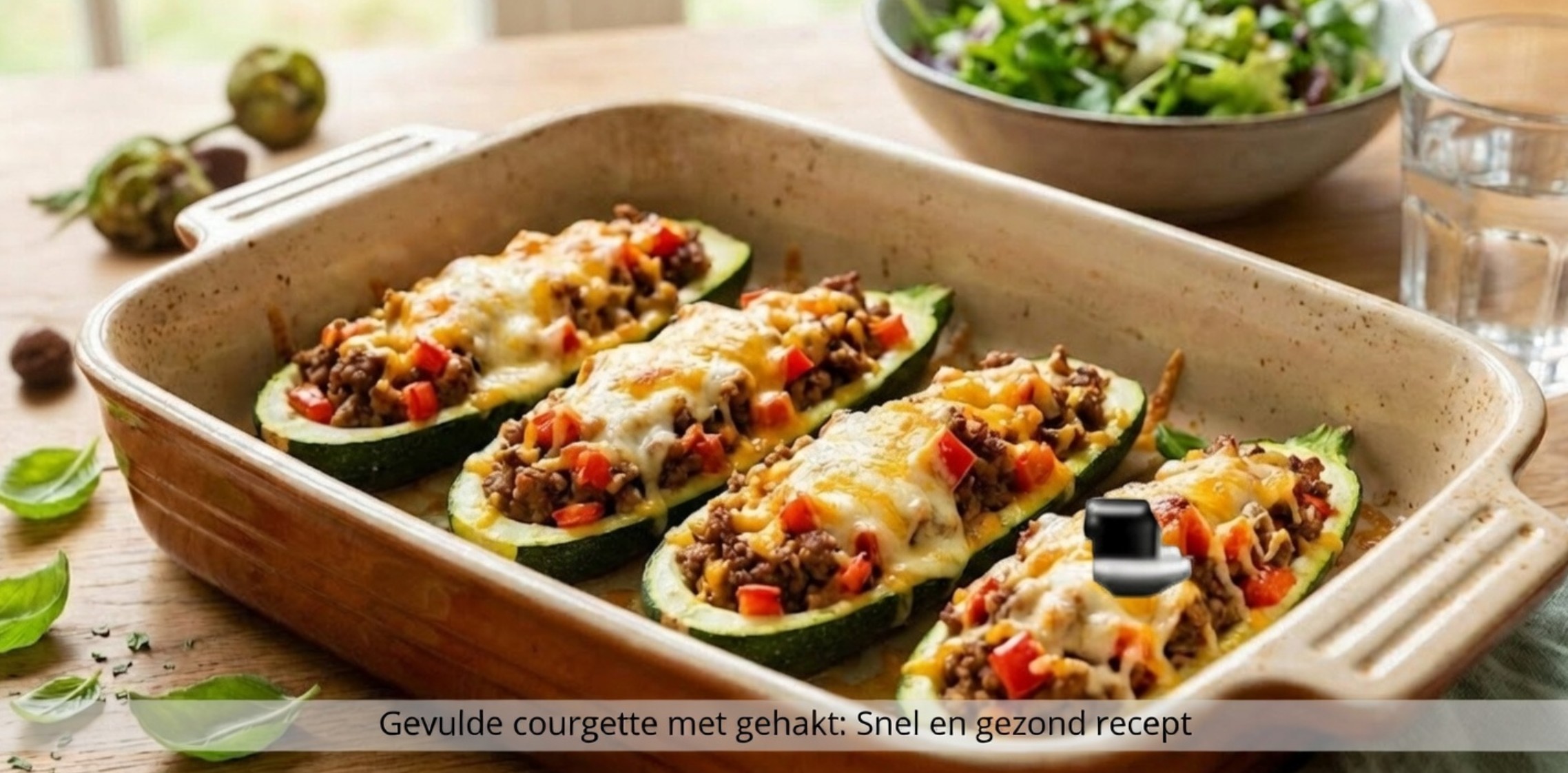 Ovenschaal met goudbruin gebakken gevulde courgettes met gehakt en gesmolten kaas.