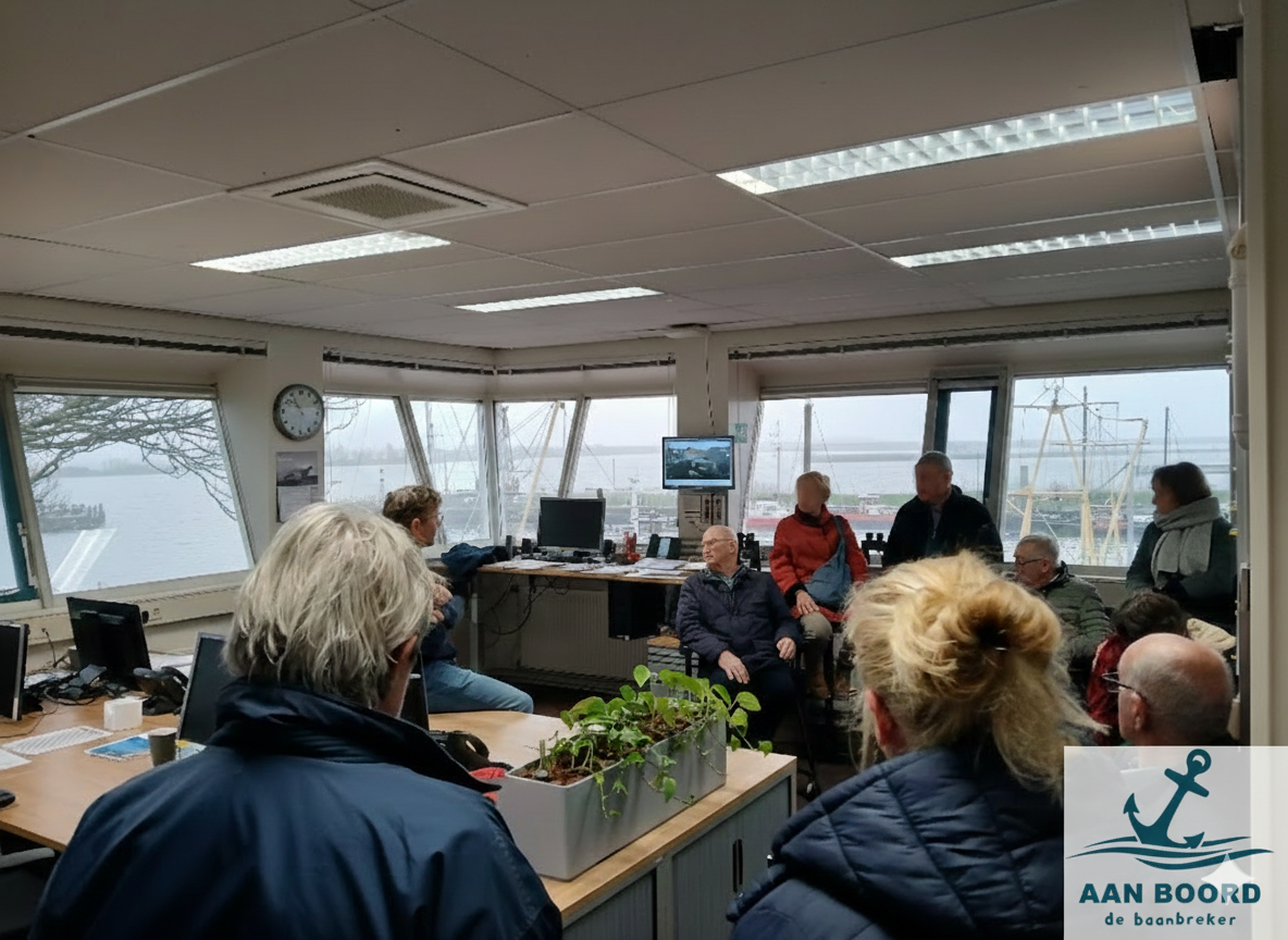 Deelnemers wandelen en praten in de haven van Enkhuizen tijdens de try-out ‘Aan Boord’ voor mensen met dementie.