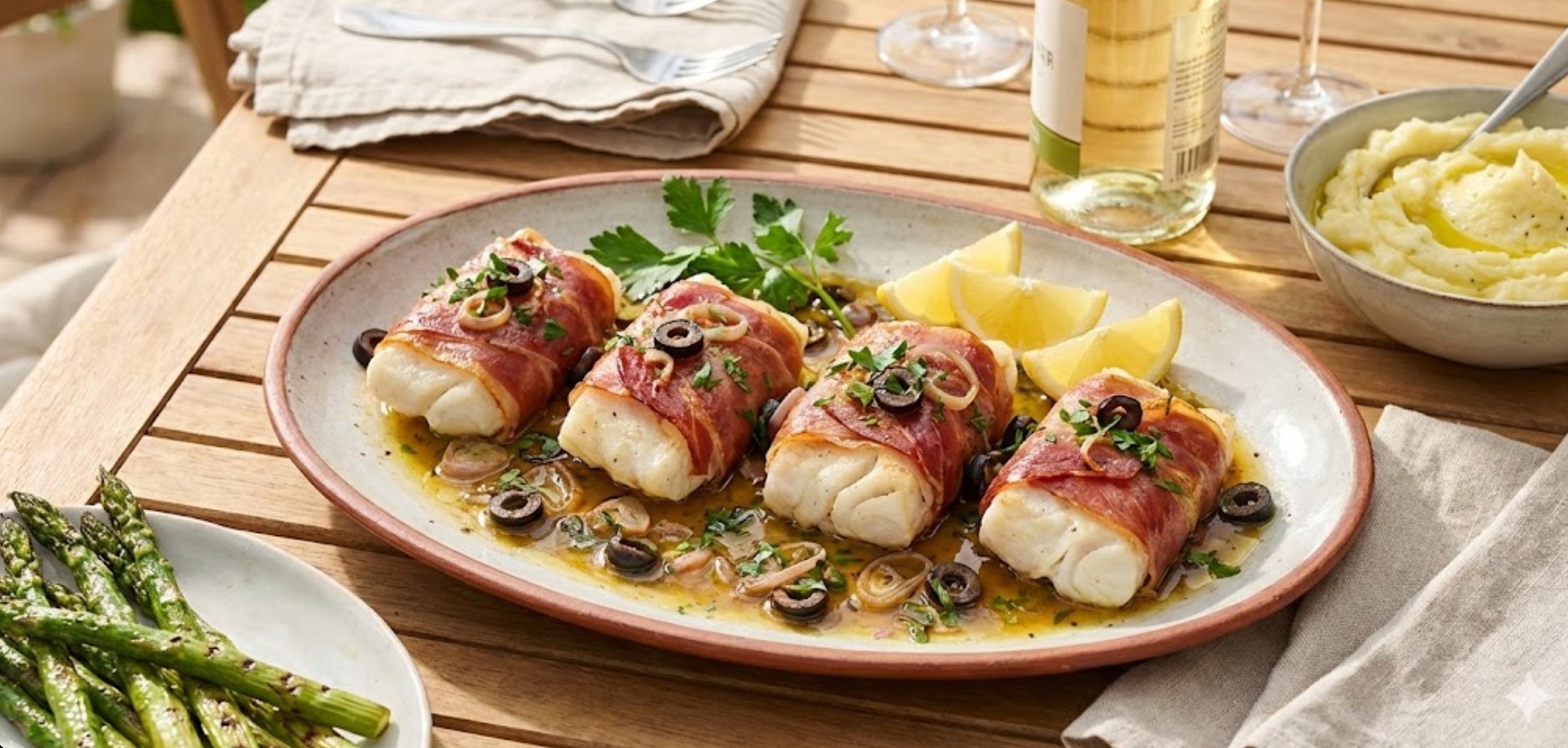 Gebakken kabeljauwfilet omwikkeld met Serranoham in een pan met olijvenjus en verse kruiden.