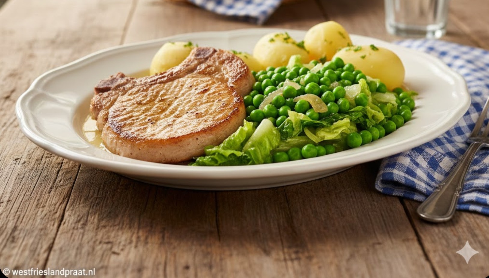 Gebakken varkenskarbonade met doperwten en fijngesneden sla op een bord.