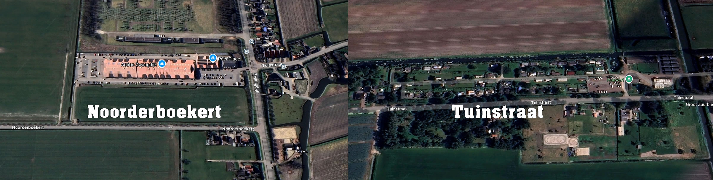 Overzicht van de Noorderboekert in Zwaagdijk-Oost en de Tuinstraat in Hauwert