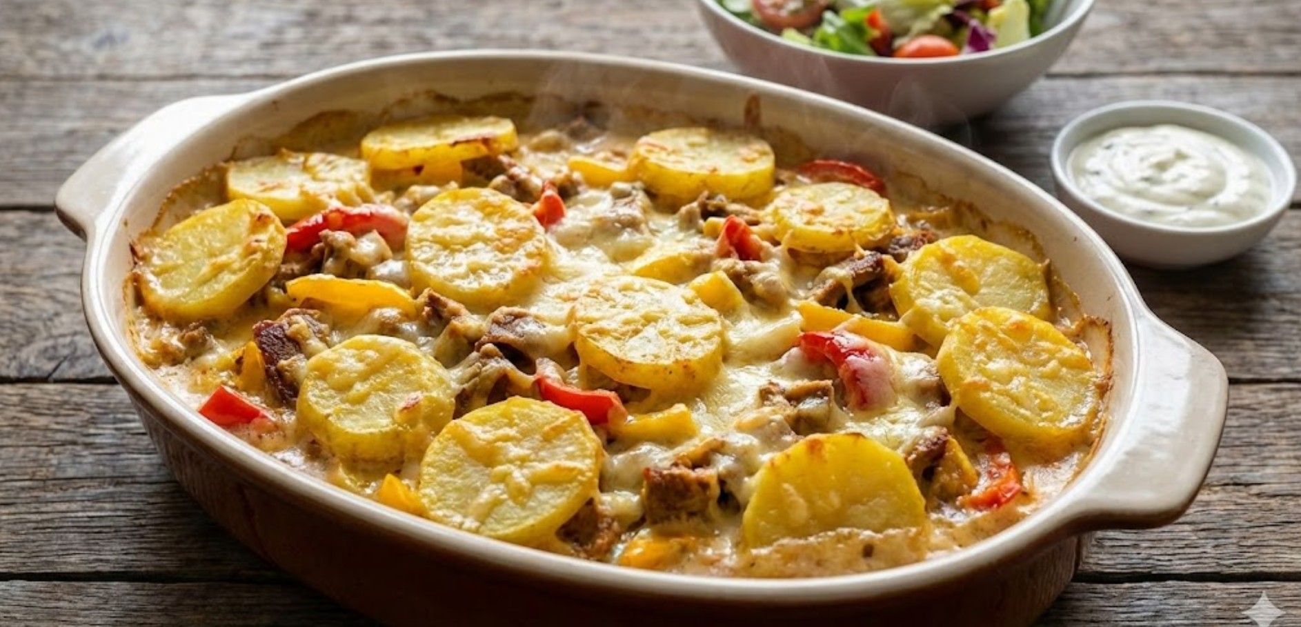 Romige shoarma ovenschotel met gesmolten kaas en verse groenten in een ovenschaal.