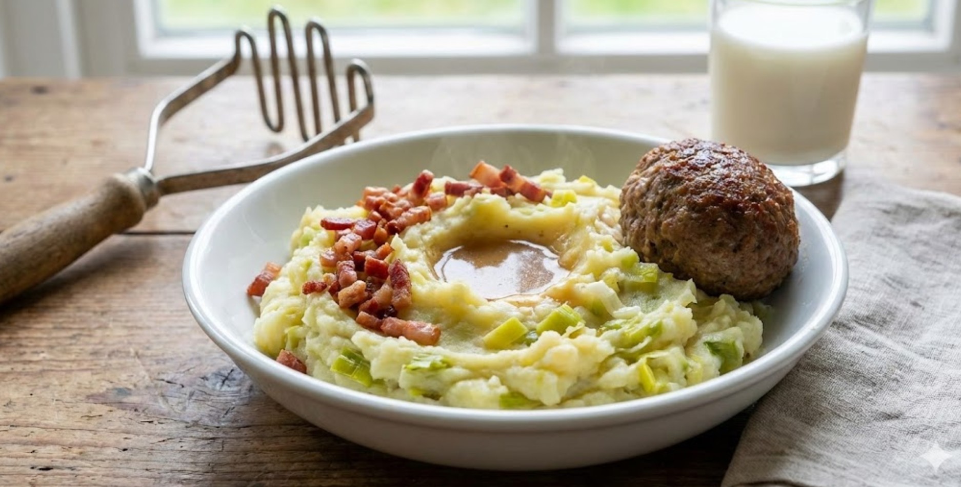 Een pan dampende preistamppot met uitgebakken spekjes en een kuiltje jus.