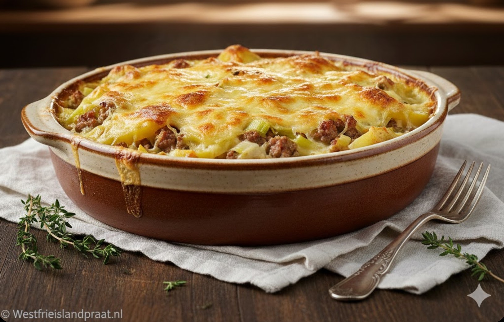 Ovenschaal met goudbruine romige preischotel en gesmolten kaas