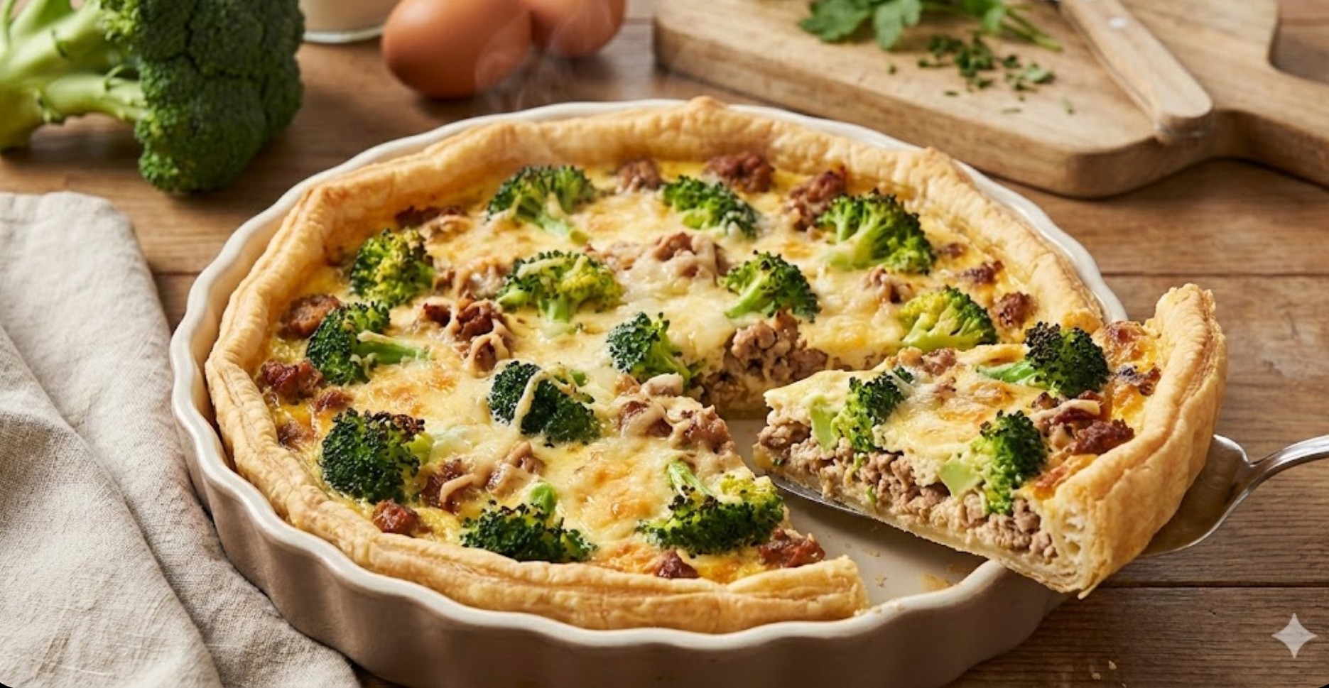 Goudbruin gebakken hartige taart met kipgehakt en broccoli in een ronde bakvorm.