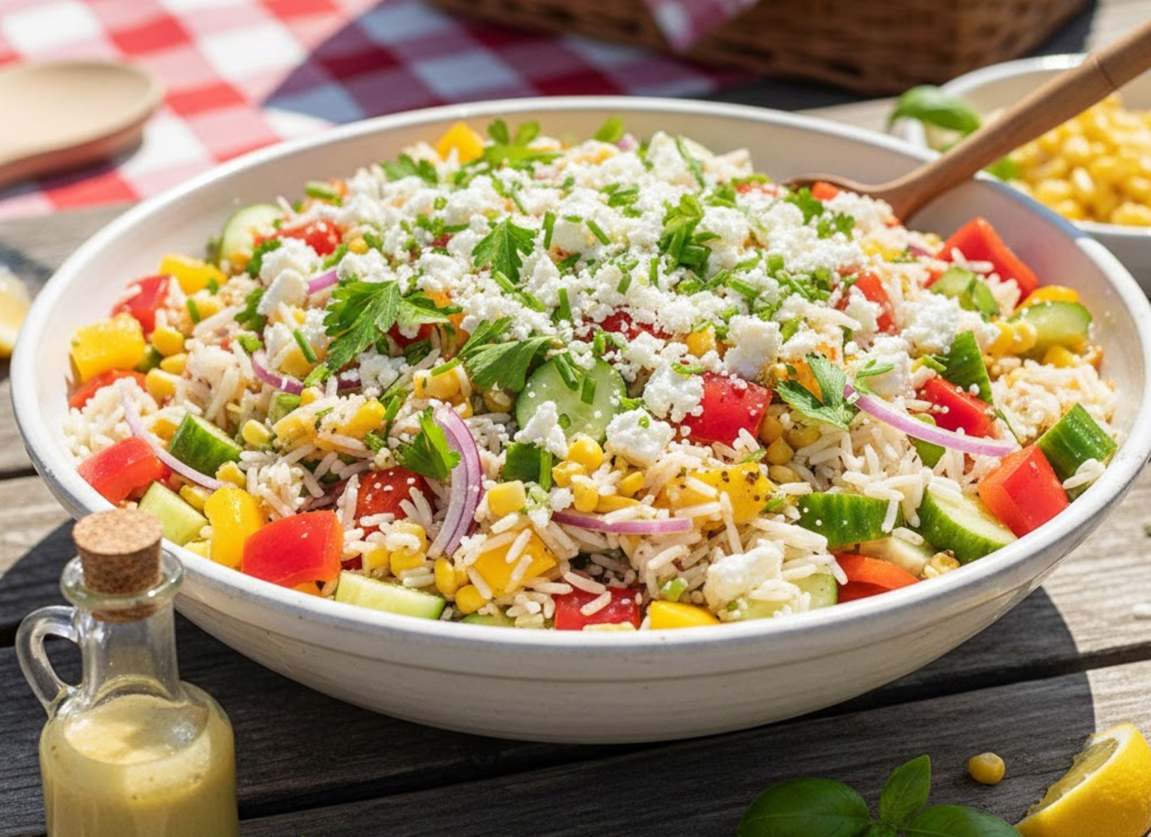 Kleurrijke rijstsalade in een witte kom met paprika, maïs en verse peterselie.