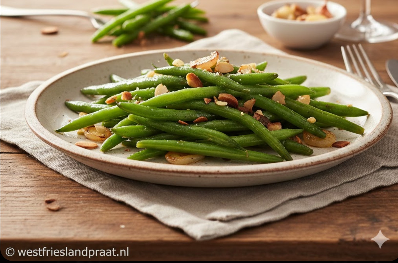 Verse groene sperzieboontjes in een pan met gebakken sjalotjes en knoflook
