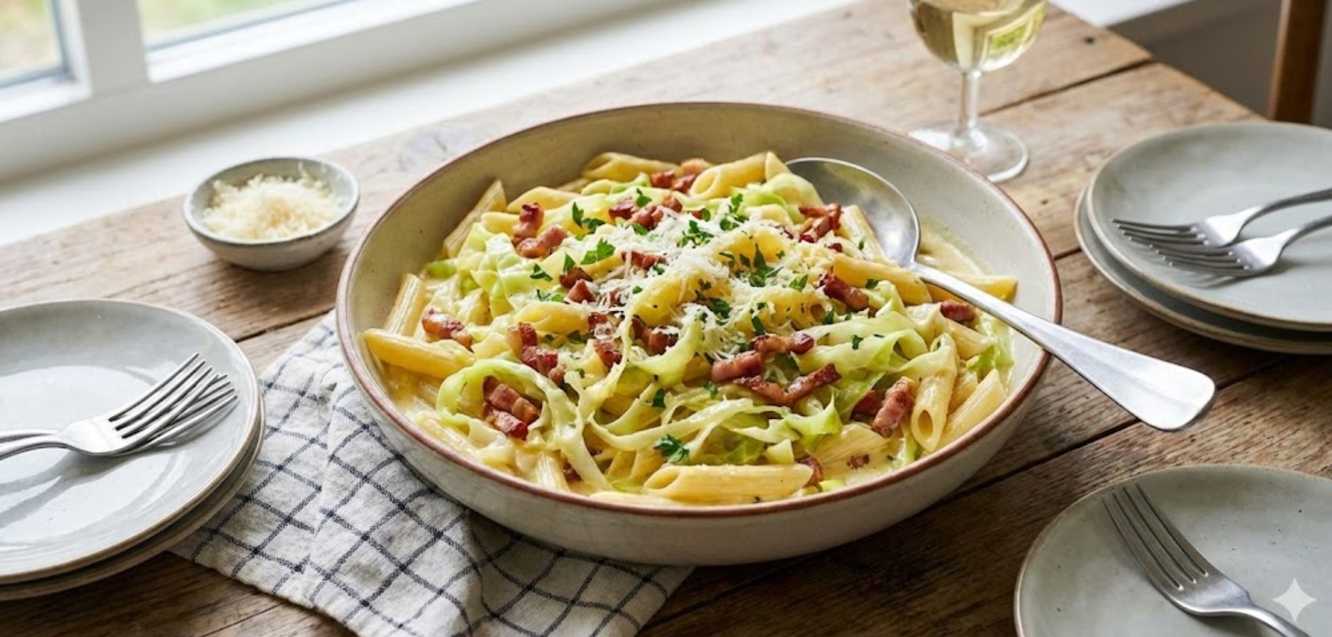 Een bord met romige spitskool, krokante spekjes en penne pasta