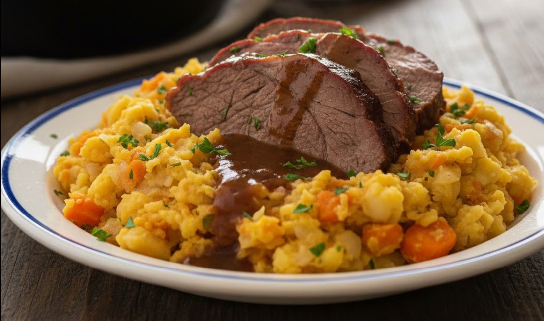 Bord met Hollandse hutspot, klapstuk en een kuiltje jus.