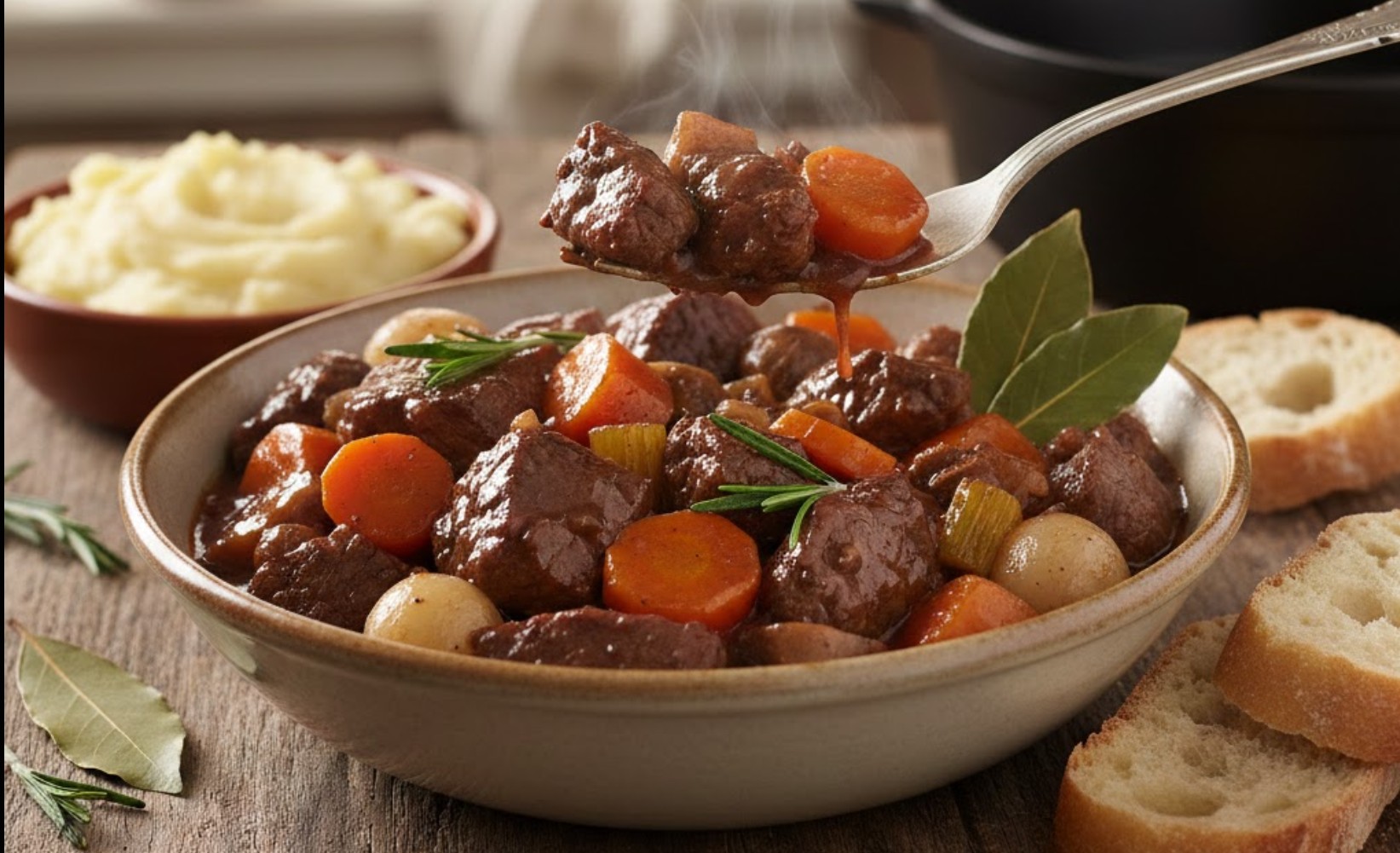 Bord met dampende runderstoof, wortels en aardappels uit de slowcooker.