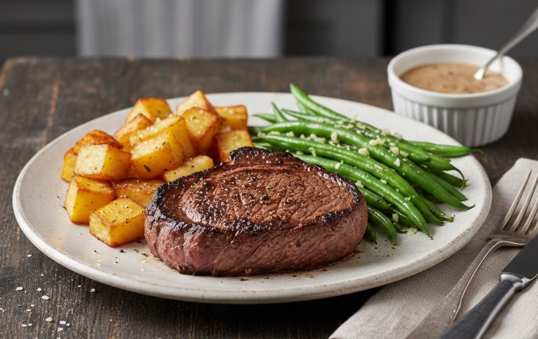 Bord met gebakken biefstuk, goudbruine aardappeltjes en groene boontjes.