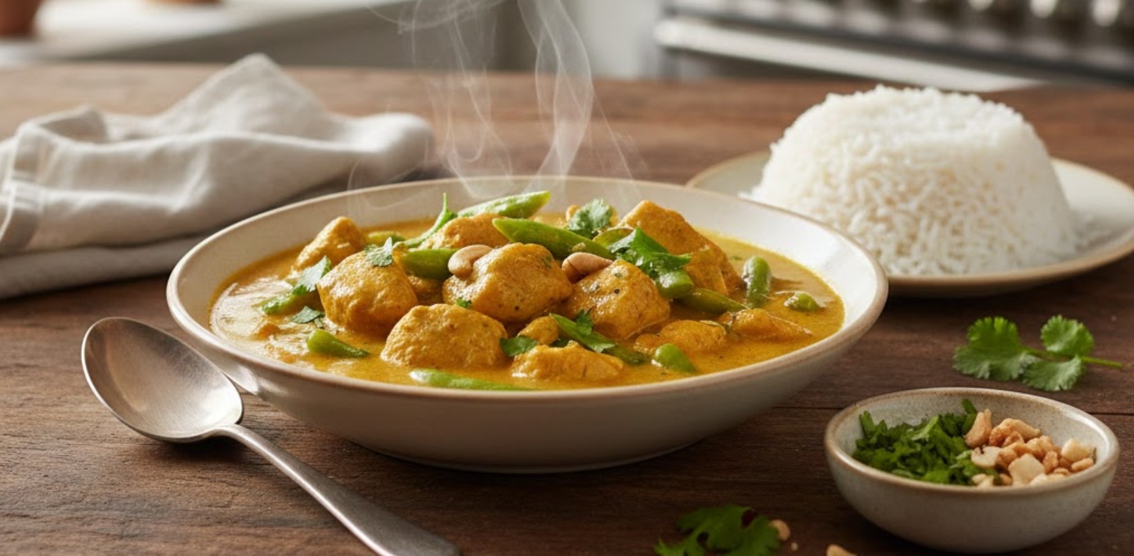 Bord met romige kip curry, witte rijst en verse koriander