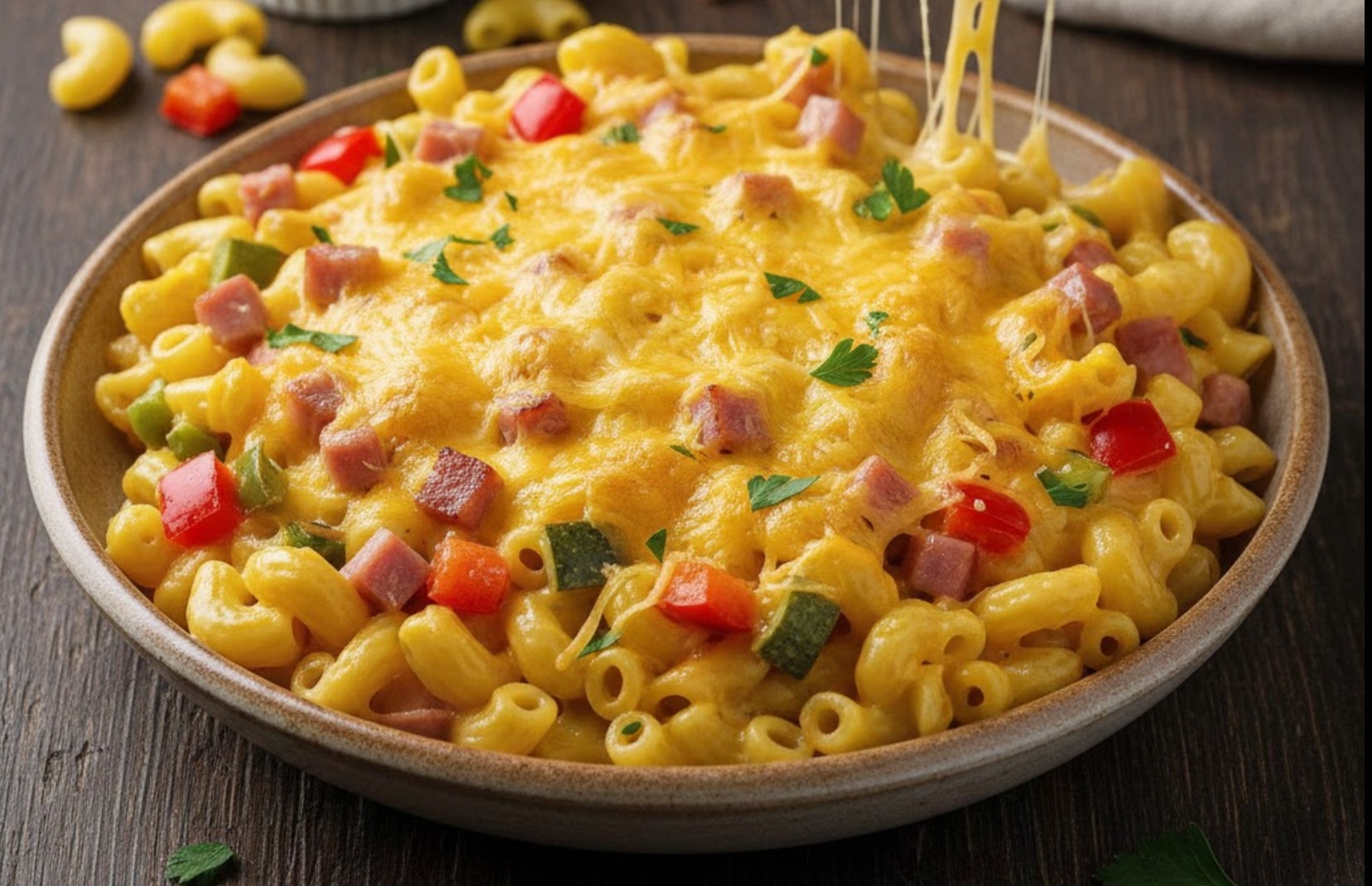 Bord met romige macaroni, hamblokjes en gesmolten kaas