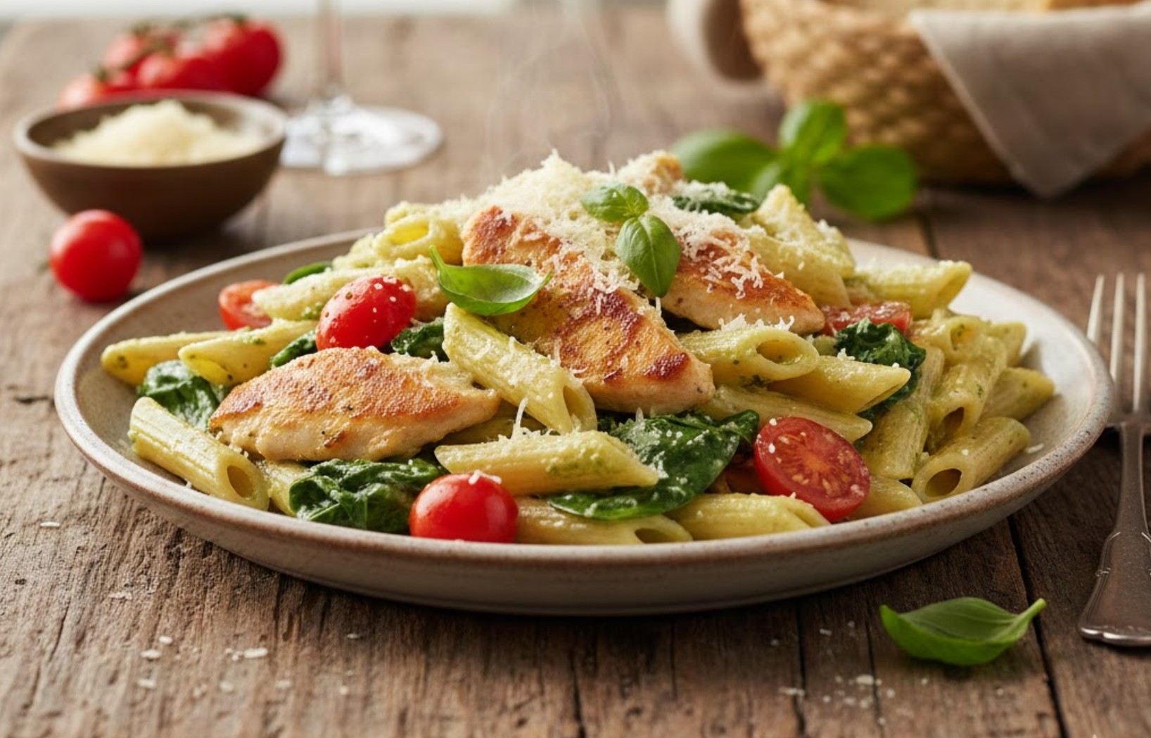 Bord met romige pasta met kip, groene pesto en cherrytomaatjes.
