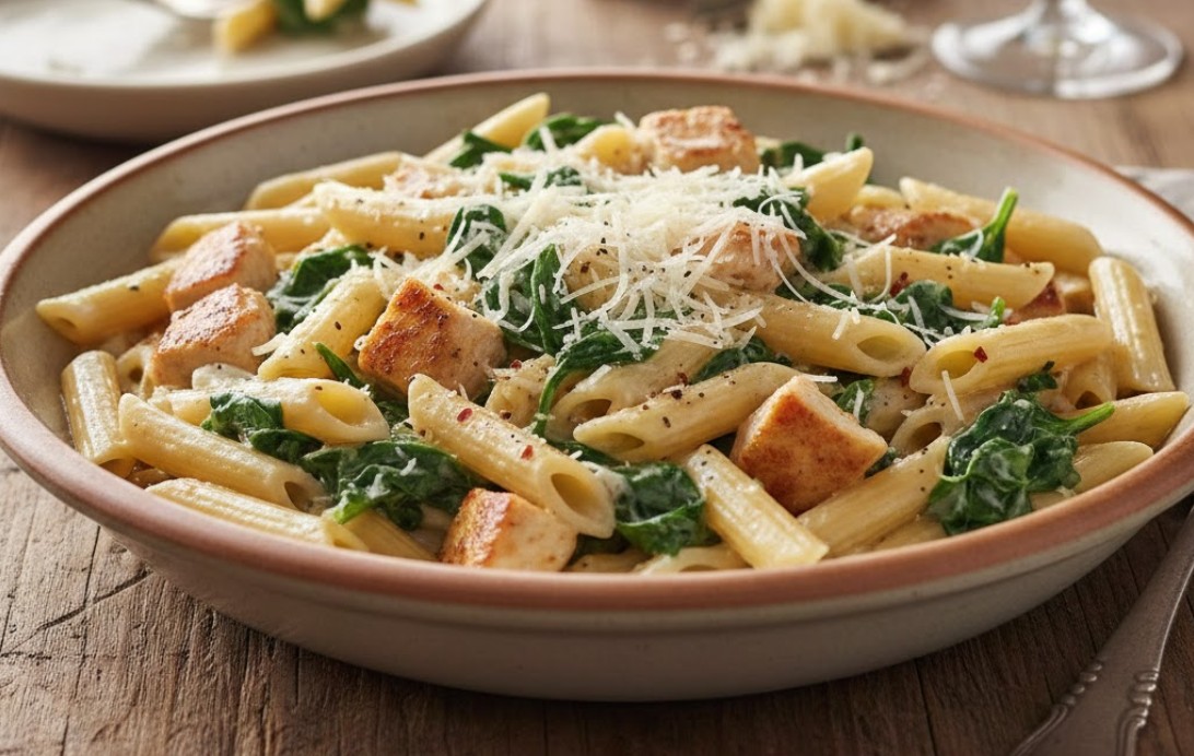 Bord met romige pasta, verse bladspinazie, stukjes gebakken kip en parmezaanse kaas.